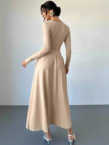 Firerie Women's Elegant Sophisticated Daily Commute New Fashion Round Neck Draped Belt Buckle Decor Long Sleeve A-Line Umbrella Dress, Khaki - Khaki - View 7