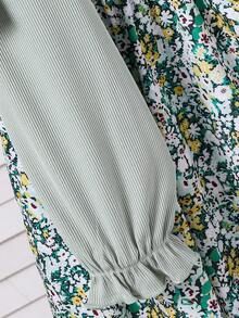 SHEIN Vintaside Kids 2pcs/Set Girls Casual Ribbed Knit Cardigan With Bow Decor And Minimalist Printed Slip Dress, Spring/Autumn Fall Winter - Mint Green - View 3