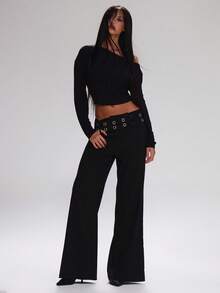 MUSERA Quần tây ống rộng cạp thấp có khoen cài, kiểu dáng dễ thương, thích hợp cho công sở, đường phố, thể thao, chạy bộ, thanh lịch, dự tiệc mùa hè. - màu đen - Xem 2