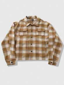 ROMWE MEN Street Life Men's Woolen Street American English Graphic Prep Plaid Printed Jacket, Autumn/Winter