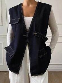 DAZY 女式V领无袖宽松都市休闲牛仔背心 - 深色水洗藍 - 查看 5