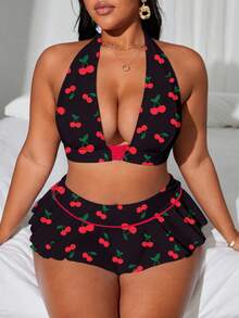 Swim Mod Plus Size Bikini Set - Halter Neck Backless Top With Allover Print Bottom Summer Beach