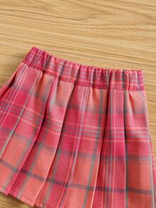 SHEIN 女婴四季合身休闲运动马球领长袖运动衫和格子百褶裙套装 - 玫紅色 - 查看 3