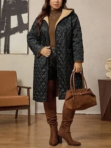 Zelara Plus-Size Women'S Autumn And Winter Black Diamond-Patterned Cotton-Padded Jacket For Plus-Size Women In Autumn And Winter Knee-Length Warm Hooded Jacket With Fleece Lining Winter Coats Gothic Women Clothes Winter Coats Women'S Autumn And Winter Warm Coat With Fur Collar And Hood