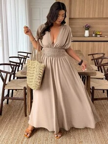 Weeklong Đầm thường ngày màu trơn cổ chữ V tay ngắn cỡ lớn, phù hợp cho mùa hè - Màu Khaki - Xem 4