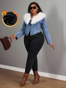 SHEIN SXY Winter Plus Size Dark Wash Denim Cat Claw Print Skinny Jeans - Black - View 6