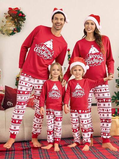 SHEIN 1 conjunto de pijama masculino Feliz Natal - blusa vermelha de manga comprida com estampa decorativa de árvore de Natal branca, calça vermelha com caligrafia branca "Feliz Natal" e estampa de árvore de Natal e floco de neve, tecido de malha elástico e respirável, lavável à máquina, ajuste confortável e fácil de cuidar. Conjunto de pijama de Natal combinando para a família, roupas de outono.