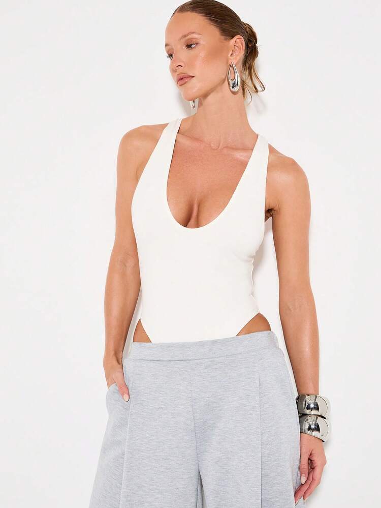 KIZN Deep U Neck Bodysuit With High Leg Cut Outs