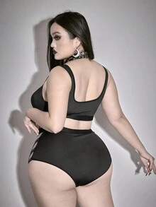 ROMWE Goth 加大码哥特式束身衣系带紧身胸衣短款上衣和丁字裤内衣套装 - 黑色 - 查看 3