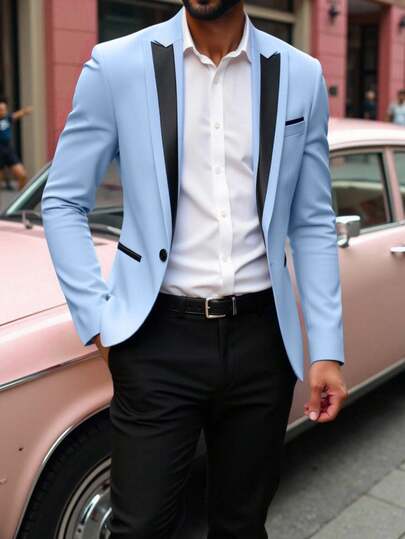 Manfinity Bizformal بدلة رجالية كاجوال للأعمال، بلايزر وبنطلون بألوان متباينة، طقم لون أزرق فاتح، "Old Money"