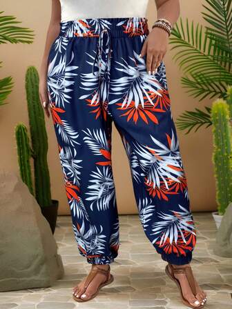 Travachic Plus Tropical Print Knot Front Summer Pants