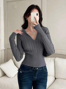 Modelyn V-Neck Cable Knit Pullover Sweater, Slim Fit, Hooded Autumn Winter Clothes For Women - Dark Grey - View 2