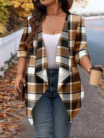 SHEIN LUNE Plus Size Women Plaid Long Sleeve Open Front Casual Jacket, AutumnIn Fall/Winter