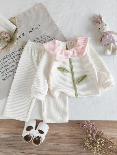 SHEIN Baby Girls' Fashion Twist Striped Comfortable Fabric Floral Design Casual Cute Long Sleeve Wide Leg Pants Set, Autumn/Winter Fall