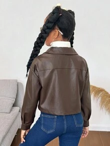 SHEIN 秋冬青少年女孩休闲翻领口袋金属纽扣前 PU 短夹克 - 巧克力棕 - 查看 2