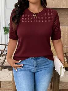EMERY ROSE Áo cánh tay ngắn cổ tròn khoét rỗng cỡ lớn thường ngày - Màu Đỏ Sâu - Xem 1