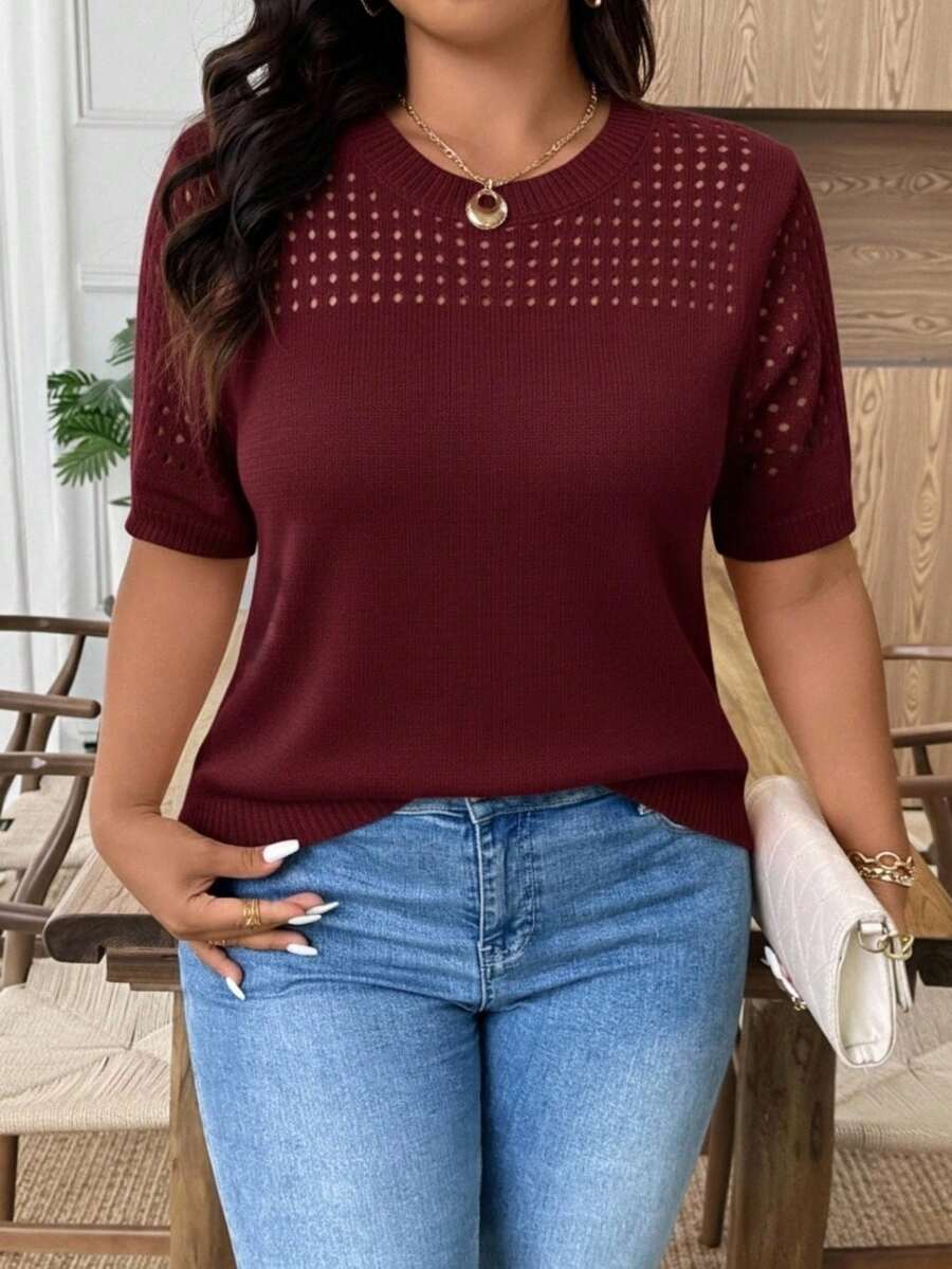 EMERY ROSE Áo cánh tay ngắn cổ tròn khoét rỗng cỡ lớn thường ngày - Màu Đỏ Sâu - Xem 1