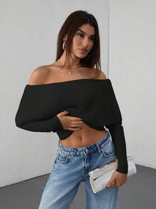 SHEIN Cottnline Casual Off Shoulder Bardot Ruffle Neckline Long Sleeve Sweater - Black - View 5