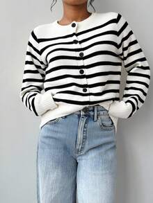SHEIN EZwear Áo khoác cardigan sọc tối giản thường ngày dành cho sinh viên, phong cách hàng hải, mùa tựu trường, phù hợp cho phụ nữ vào mùa thu/đông, cổ điển, gợi cảm, dễ thương, Y2K, cô gái dừa, boho, hippie, lễ hội âm nhạc - Nhiều màu - Xem 5