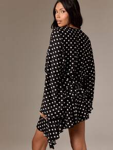 AiiRZ Đầm ngắn chấm bi bất đối xứng, kiểu quấn, tay dài, cổ chữ V, chân váy bồng bềnh, thích hợp cho tiệc tối, dịp đặc biệt, phong cách quyến rũ mùa thu đông. - Nhiều màu - Xem 2