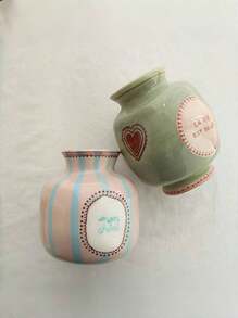 Joivida 1pc Handpainted Asymmetrical Ceramic Flower Vase, Pink & Green Heart Pattern Vase, Home Decor Accessory - Multicolor - View 2