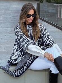 Vivie Lora Poncho de Suéter com Franjas e Estampa Geométrica Feminino, Outono/Inverno - Azul Marinho - Visão 1