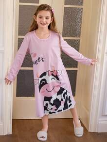 少女可爱奶牛印花圆领长袖睡衣连衣裙，圣诞节 - 粉色 - 查看 1