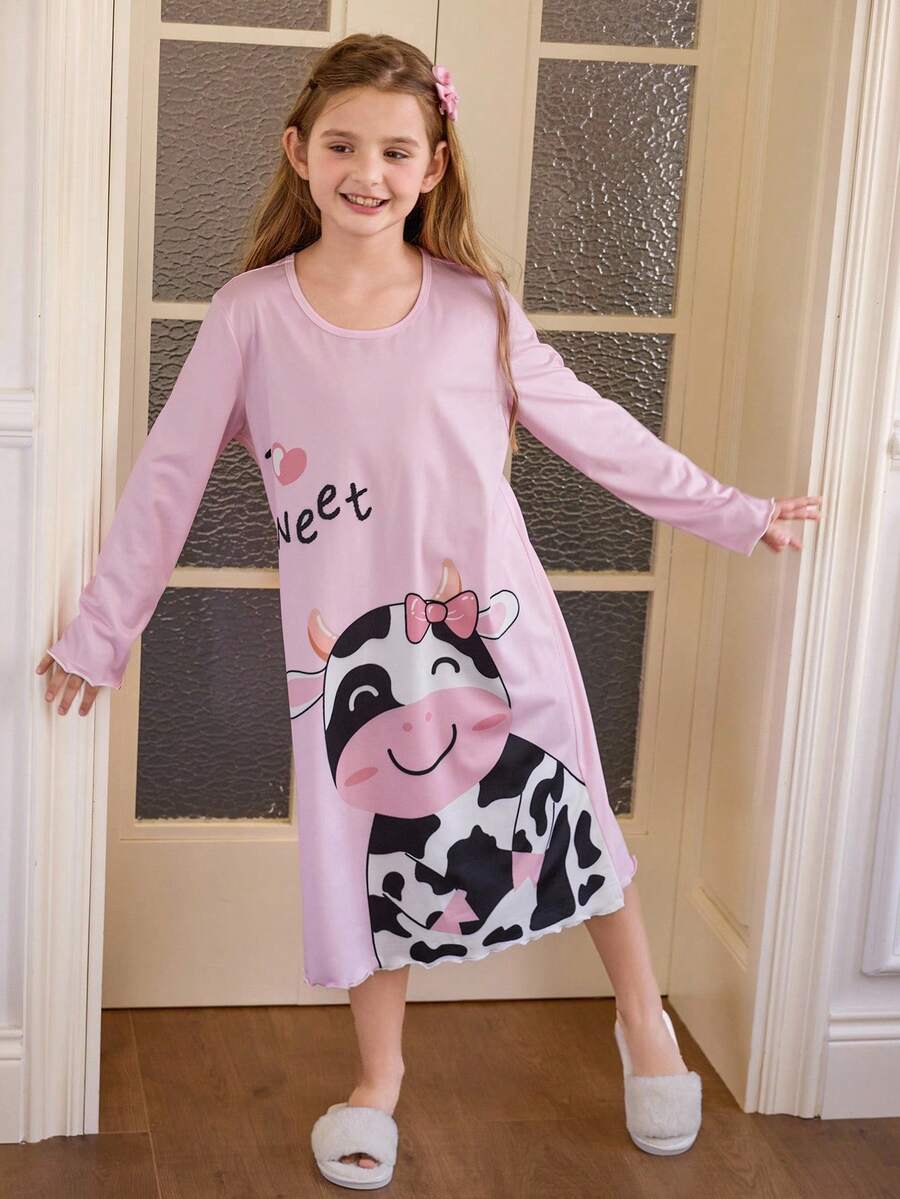 少女可爱奶牛印花圆领长袖睡衣连衣裙，圣诞节 - 粉色 - 查看 1