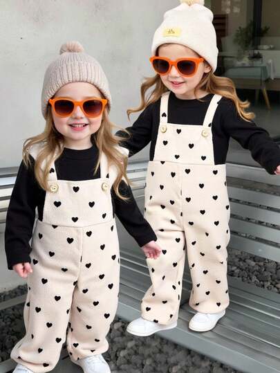 2pcs Baby Girl Casual Comfortable Versatile Cute Polka Dot Heart Suspender Adjustable Pants + Loose High Neck Long Sleeve Top Set, Fleece Lined Thick Warm For Winter Fall