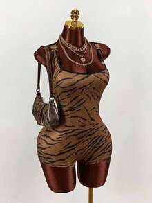 Amplova Mono de moda salvaje para mujer de talla grande con cuello cuadrado y redondo, estampado de tigre, accesorios metálicos, sin mangas, espalda descubierta y hebilla cruzada ajustada - Marrón - Ver 4