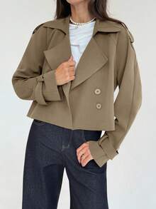 Aloruh Damen Einfarbiger Kragen Langarm Doppelreiher Lässiger Trenchcoat, Herbst - Kamelfarben - Übersicht 8