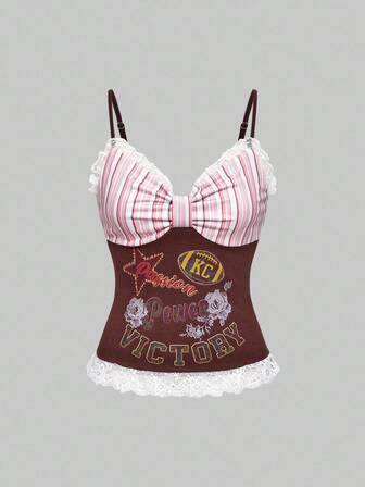 ROMWE Avant Camiseta de tirantes con estampado de rayas de contraste, parches y encaje, en estilo deportivo y colegial retro americano para volver al colegio