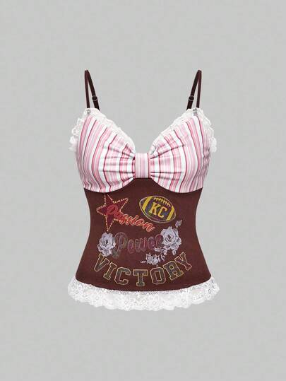 ROMWE Avant Canotta da donna in stile retrò college americano, con motivo a righe a contrasto, in stile sportivo e ballerina, adatta per il ritorno a scuola