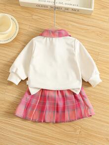 SHEIN 女婴四季合身休闲运动马球领长袖运动衫和格子百褶裙套装 - 玫紅色 - 查看 2