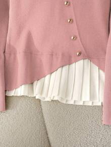 Qadelle Contrast Trim Front Button Closure Elegant Commuter Long Sleeve Sweater - Pink - View 5