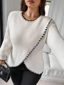 Vionelle Plus Size Casual White Knit Pullover Sweater With Contrasting Trim, Comfortable, Suitable For Work, Elegant White Sweater Women Sweater Contrast Stitch Sweater Cute Sweater Sweater Top Winter Fall Autumn
