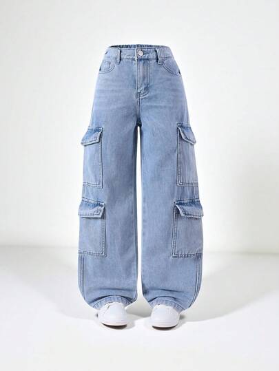 SHEIN Casuvi Kids Tween Girl Y2K Oversized Multi-Pocket Washed Light Blue Cargo Jeans Casual Streetwear Pants