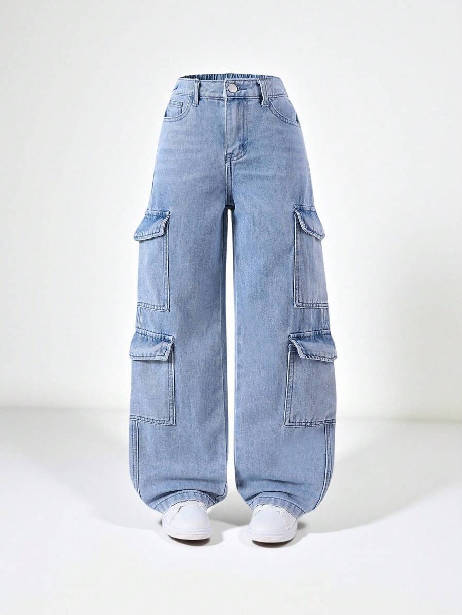 SHEIN Casuvi Kids Tween Girl Y2K 超大多口袋水洗浅蓝色工装牛仔裤休闲街头风裤子 - 淺色水洗藍 - 查看 1