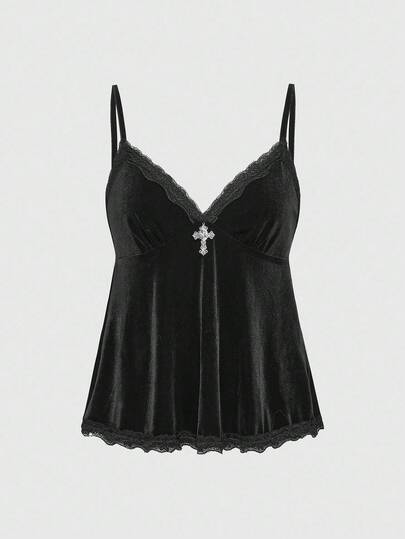 Goth Camiseta de tirantes con encaje de terciopelo y decoración de cruz para mujer