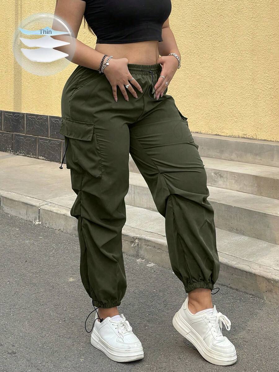 POPSWAY Women's Casual Solid Color Multi-Pocket Drawstring Cargo Pants, Summer Outfits Fall - Army Green - View 1