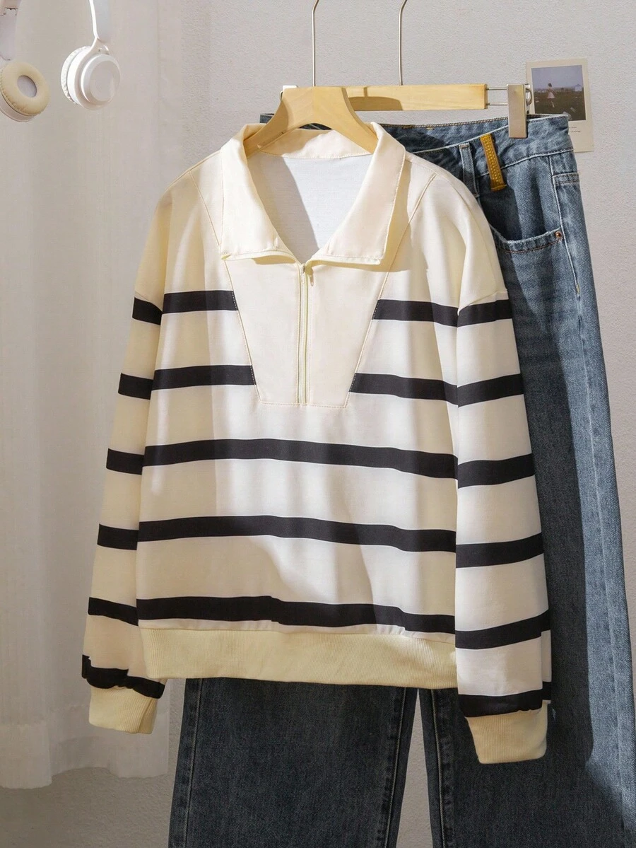 少女休闲条纹拉链落肩卫衣，秋冬款 - 黑與白 - 查看 1