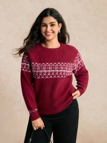 SHEIN LUNE Casual Retro Minimalist Burgundy Christmas Snowflake Fair Isle Pattern Plus Size Pullover Sweater - Burgundy - View 4