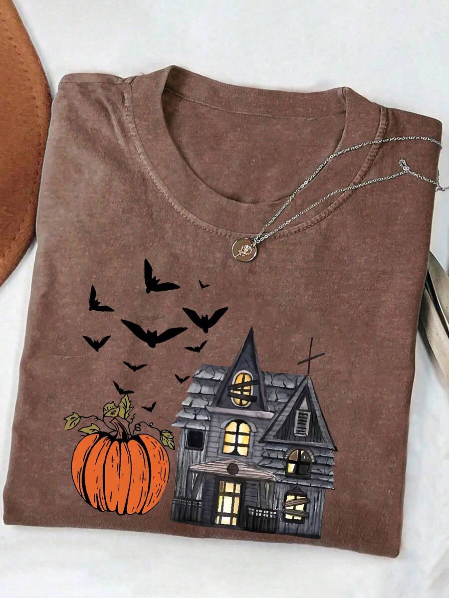 女款万圣节主题城堡南瓜蝙蝠图案休闲 T 恤 - 咖啡棕 - 查看 1