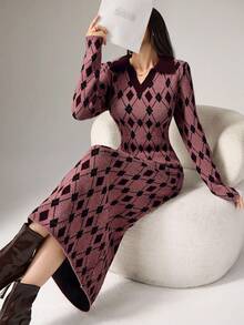 Modelyn Váy dệt kim dài tay có cổ họa tiết hình học thường ngày dành cho nữ, mùa thu - Màu Đỏ Sâu - Xem 6