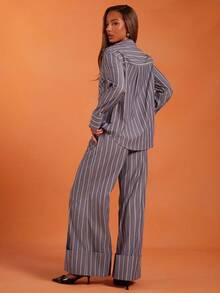 NYA SZN Top Long Sleeve Pocket Detail Flowy Loose Stripe Pattern Brunch Everyday Casual Loungewear Airport Vacation Summer Statement Festival Kings Day For Women - Navy Blue - View 2