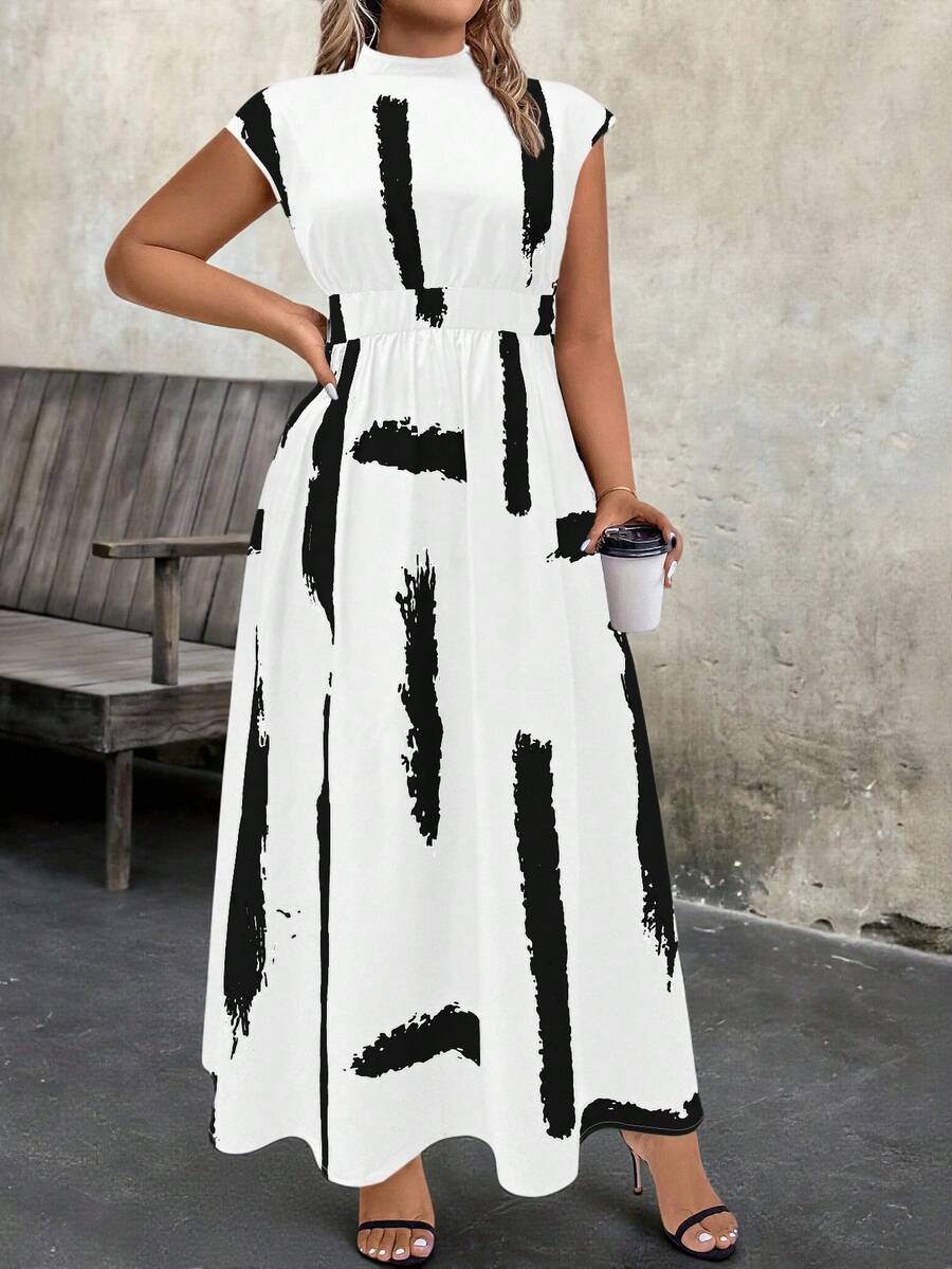 EMERY ROSE Plus Polka Dot Print Mock Neck Dress Maxi Women Outfit - Multicolor - View 1