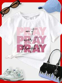 SHEIN 年轻女孩休闲简约英文字母印花短袖圆领T恤，适合夏季