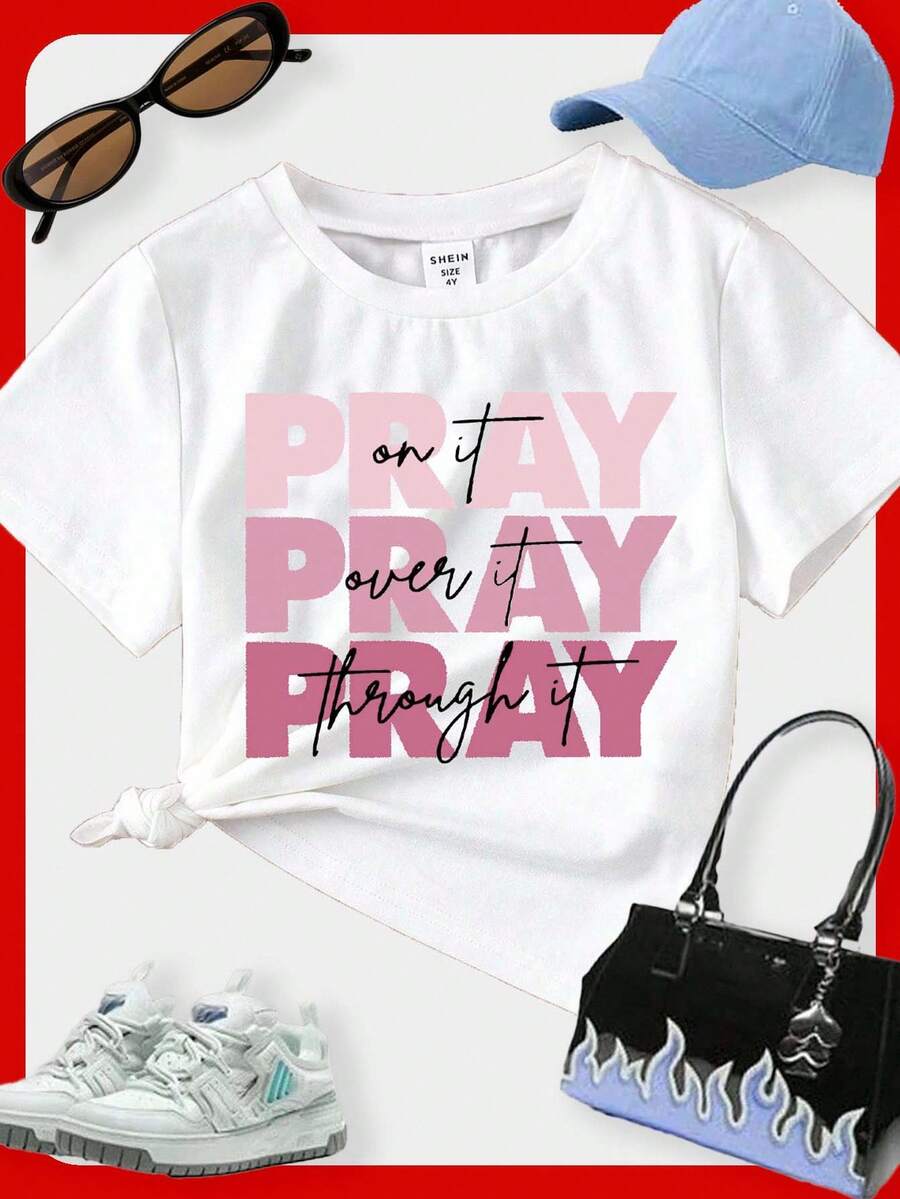 SHEIN 年轻女孩休闲简约英文字母印花短袖圆领T恤，适合夏季