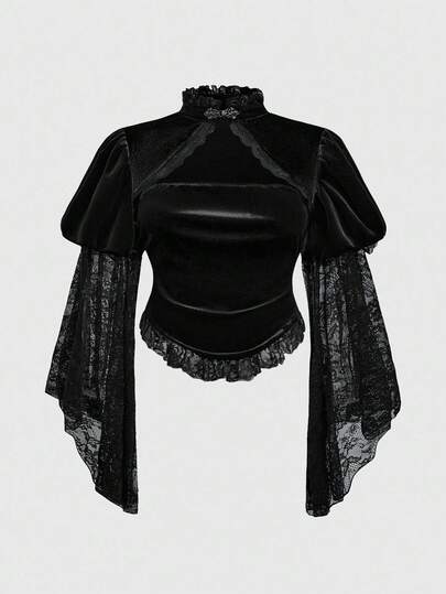 Goth Christmas Plus Size Women Elegant Mandarin Collar Flare Sleeve Velvet & Lace Patchwork Blouse