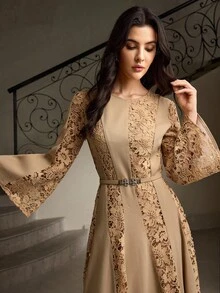 ZEYLAH Váy ren thêu họa tiết mùa thu thanh lịch dành cho nữ, hòa tan trong nước - Màu Khaki - Xem 1